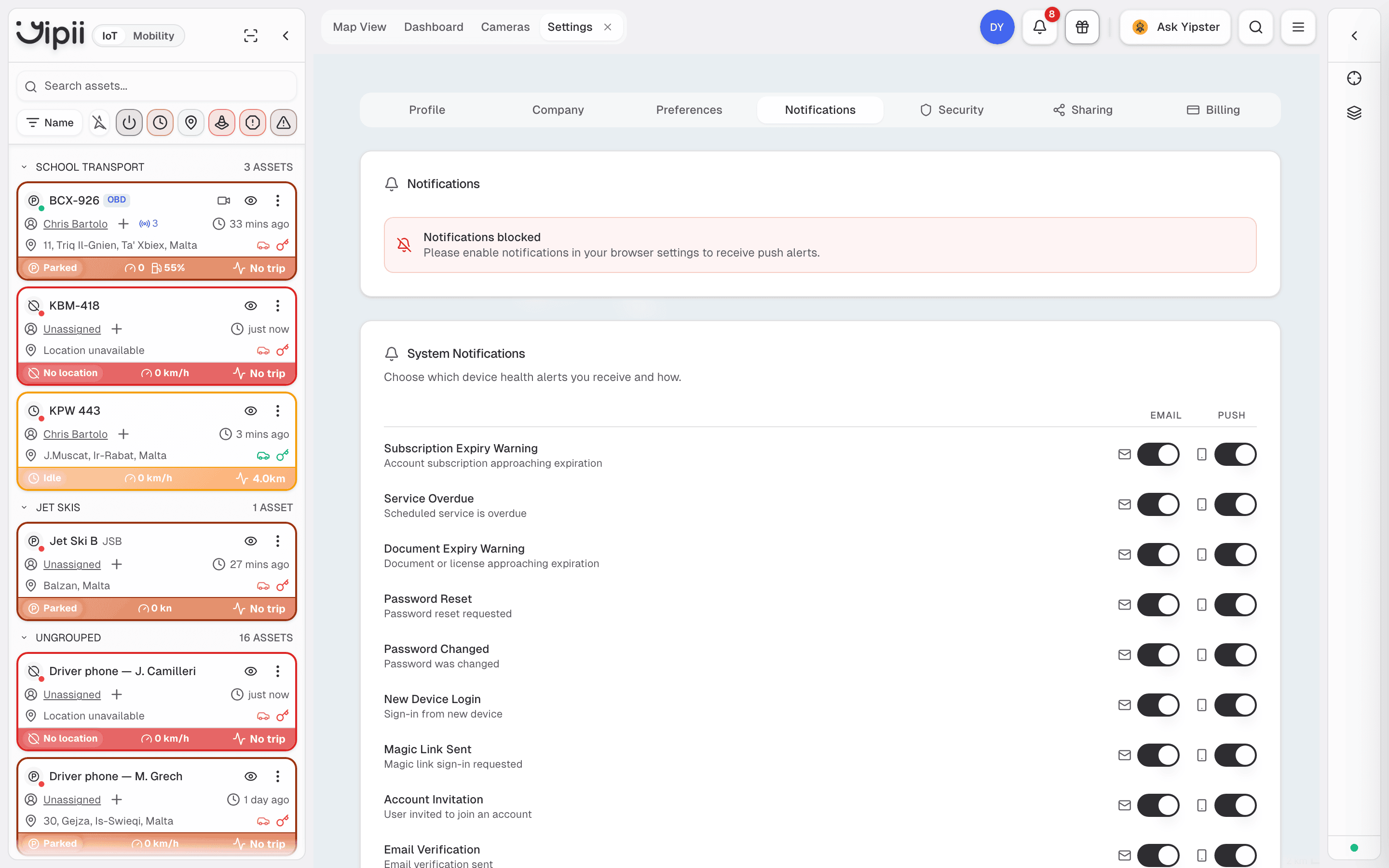 The Notifications tab, with an EMAIL and a PUSH toggle against each system notification