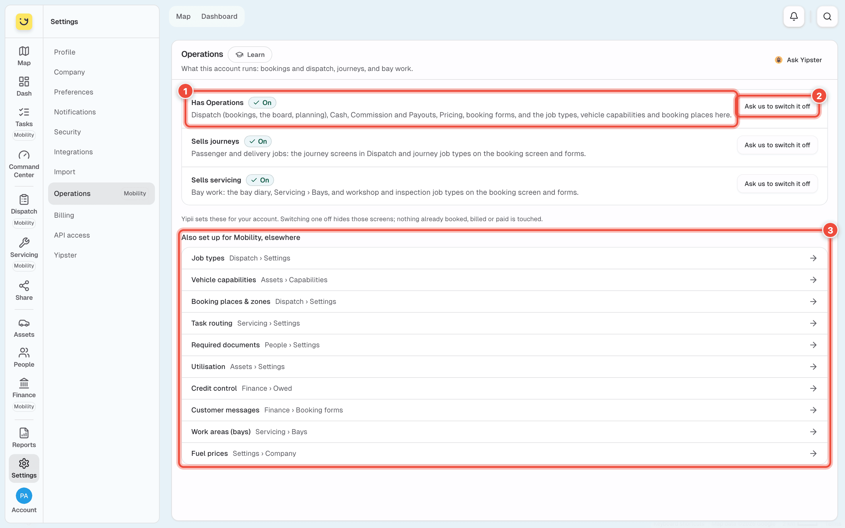 Operations, with Has Operations (1), Ask us to switch it off (2) and the list of Mobility settings kept elsewhere (3) highlighted