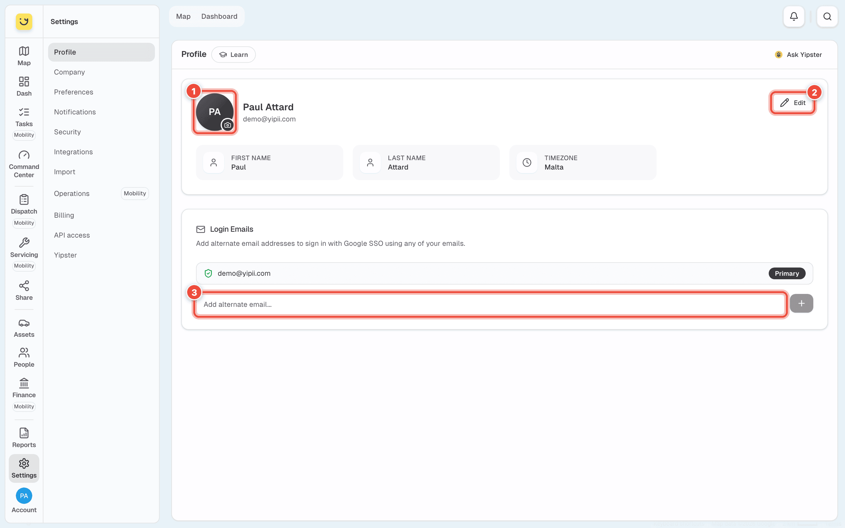 Profile, with the photo (1), Edit (2) and the box to add another sign-in email (3) highlighted
