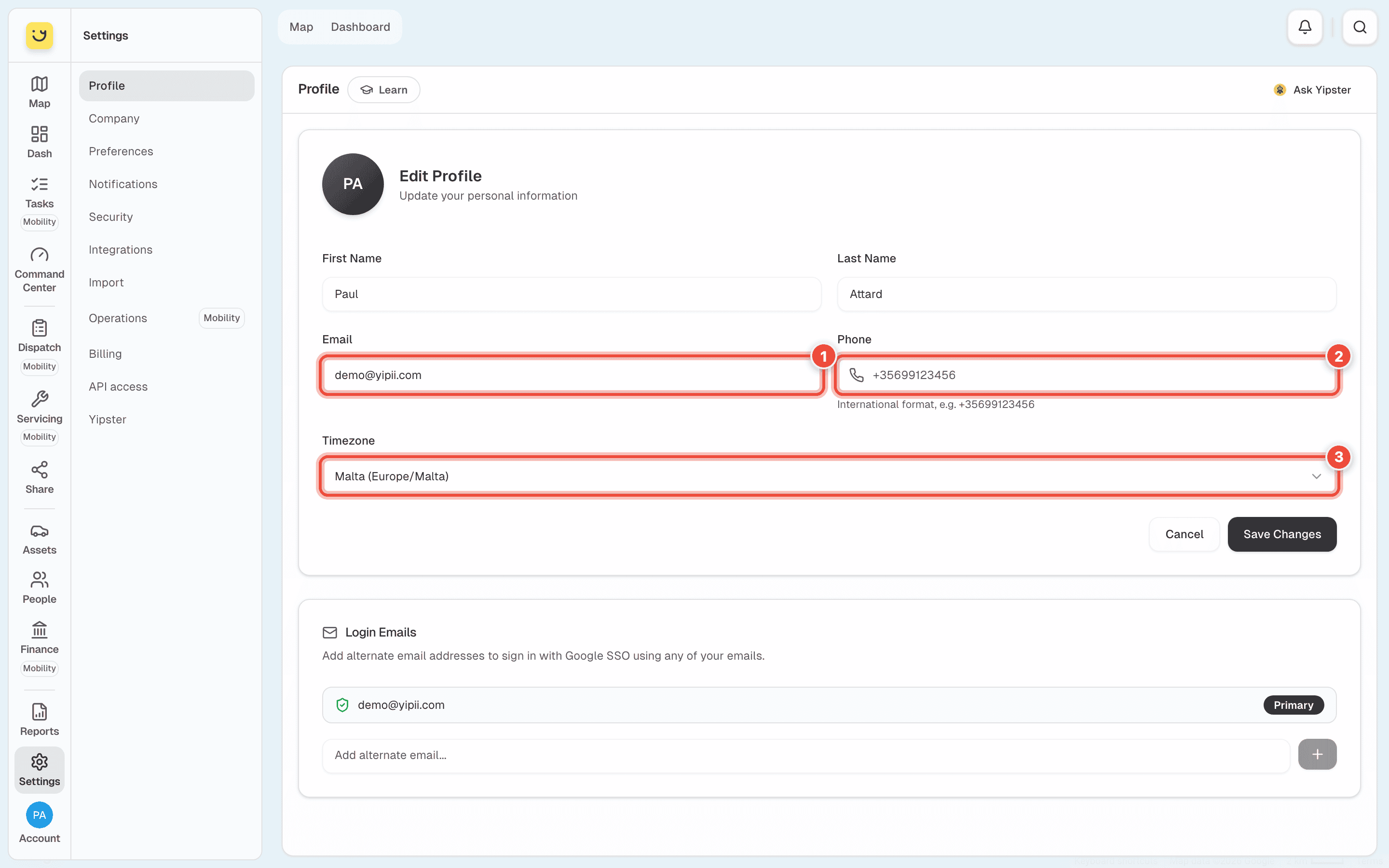 Edit Profile, with Email (1), Phone (2) and Timezone (3) highlighted