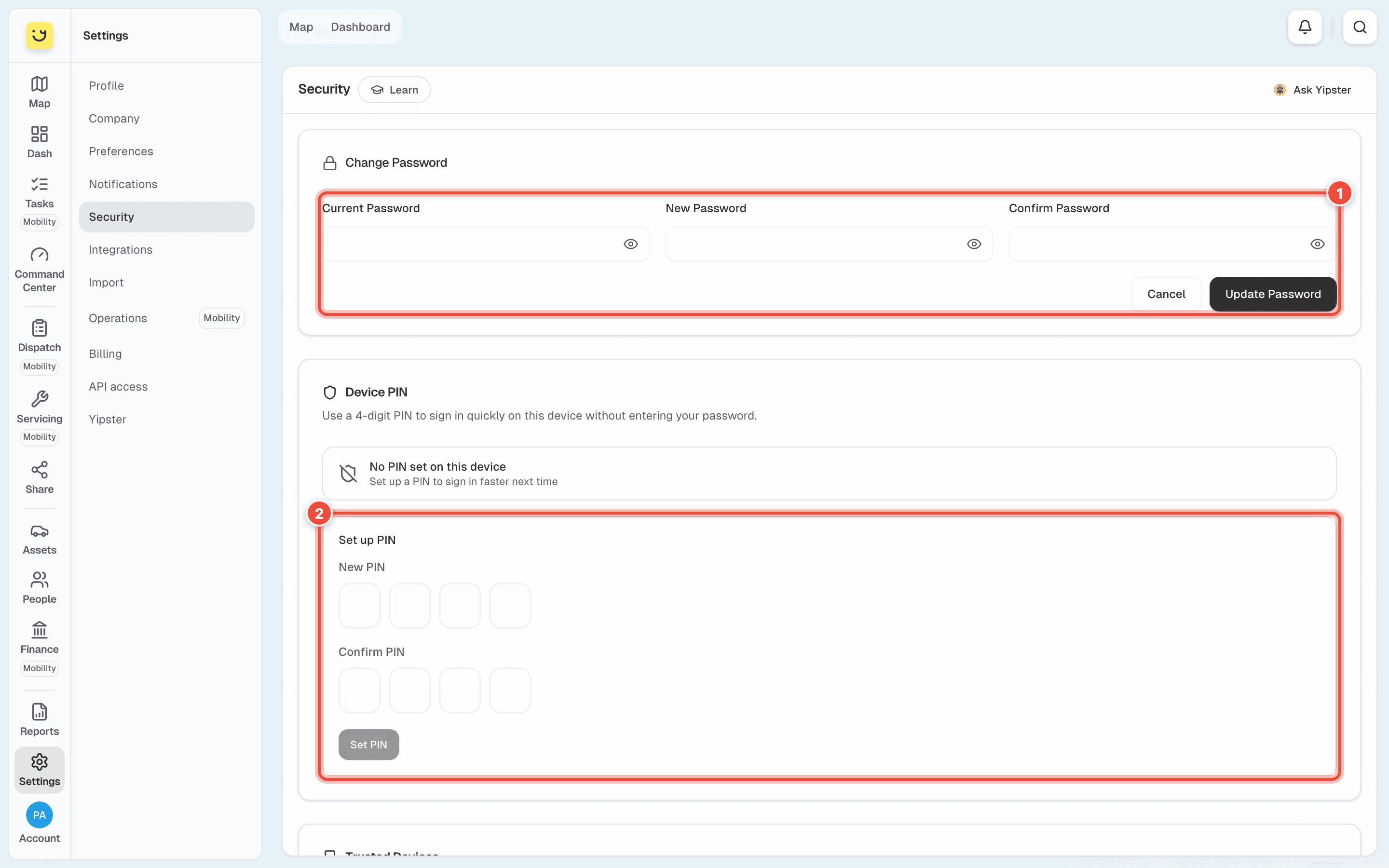 Security, with the Change Password form open (1) and Set up PIN (2) highlighted