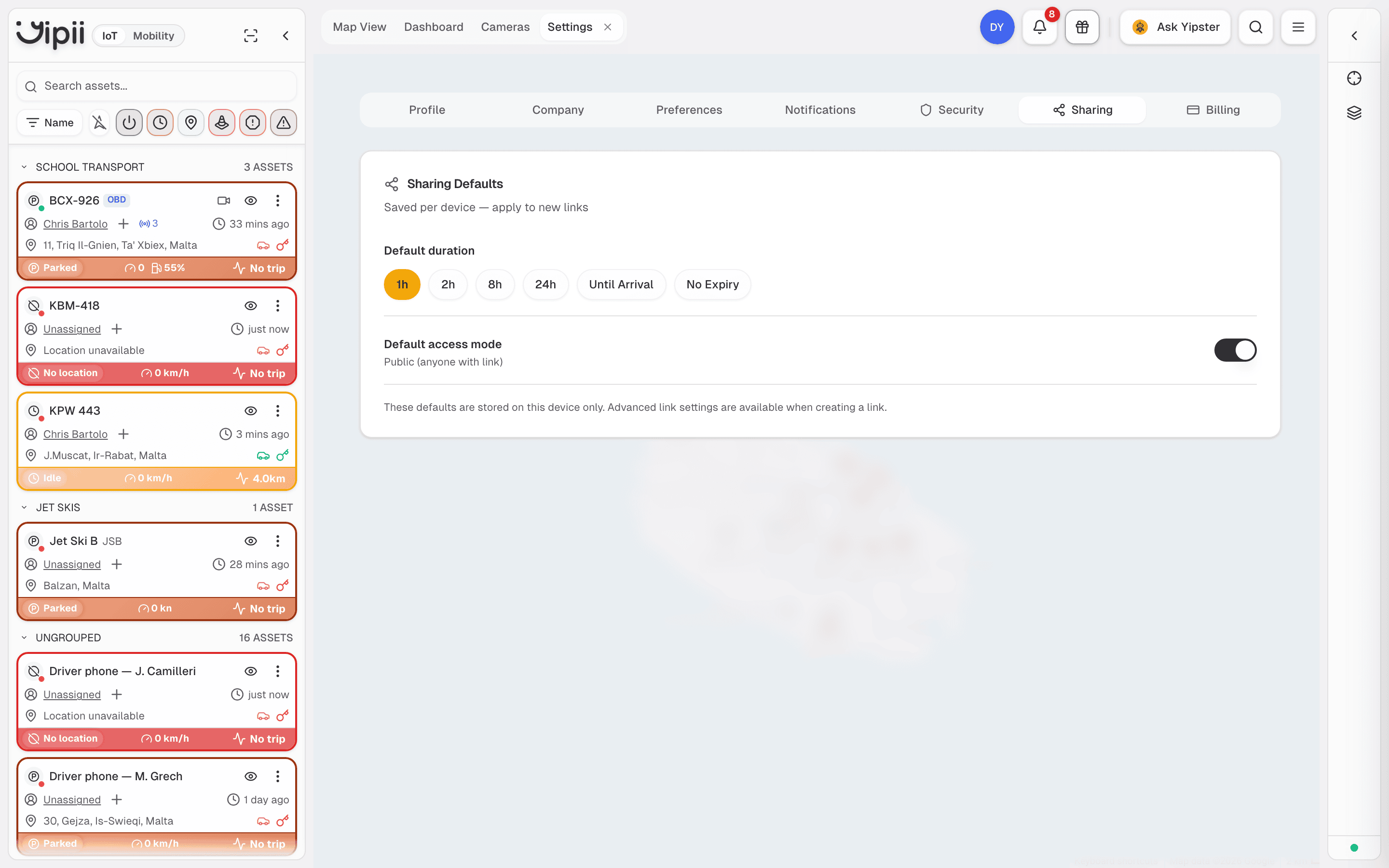 The Sharing tab, with the default duration chips and the default access mode toggle