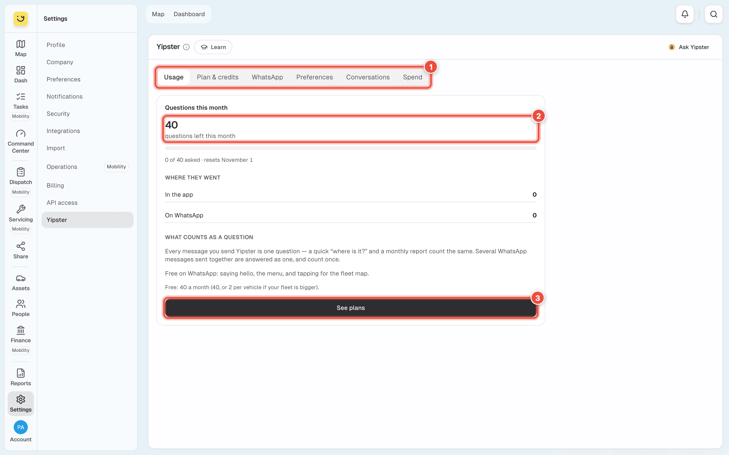 Yipster settings on Usage, with the tabs (1), the questions left this month (2) and See plans (3) highlighted