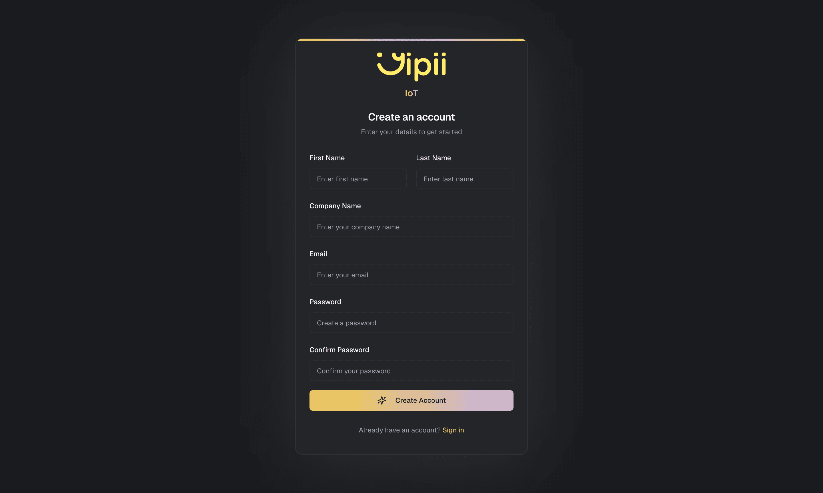The Yipii IoT sign-up form
