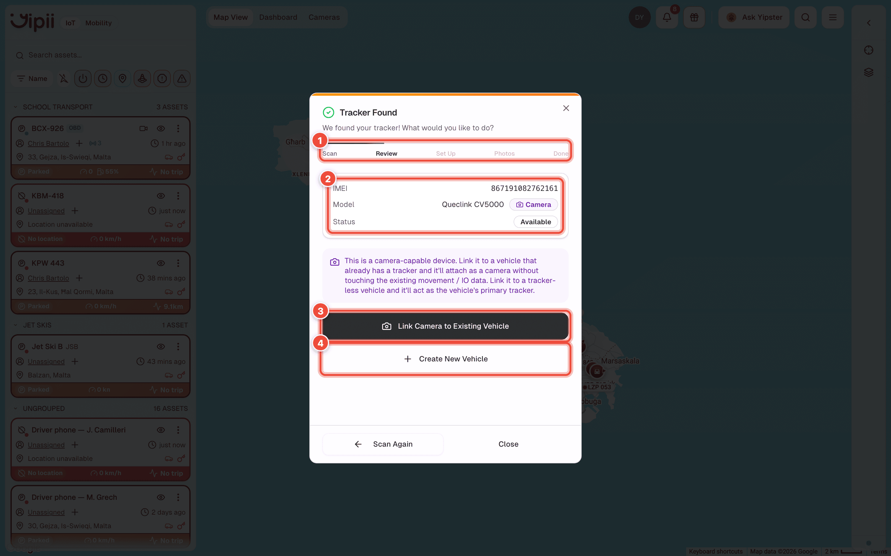 The Review step of the Add Device wizard, with the step rail (1), the tracker card and its status (2), Link to Existing Vehicle (3) and Create New Vehicle (4) highlighted