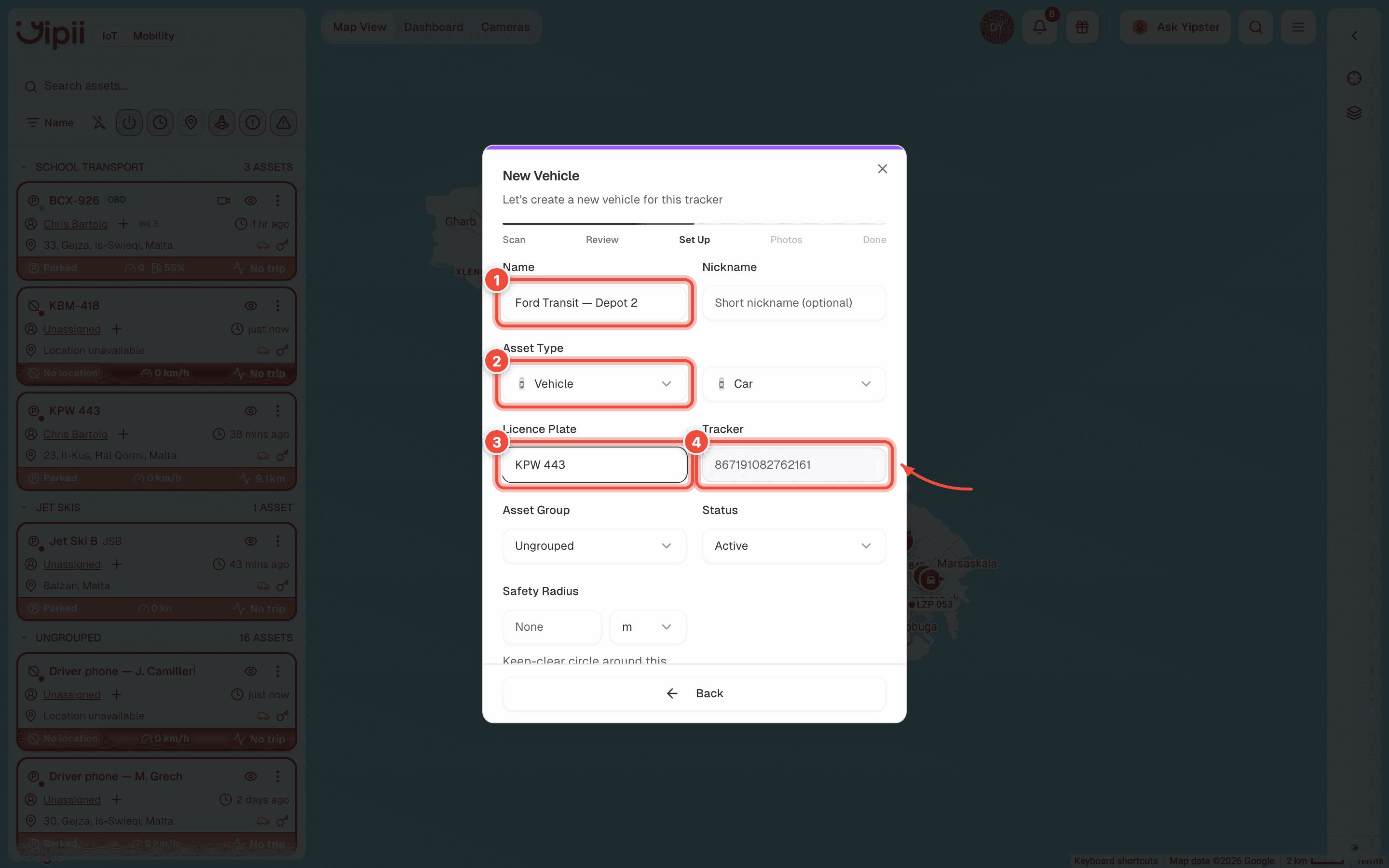 The Set Up step showing the New Vehicle form, with Name (1), Asset Type (2), Licence Plate (3) and the pre-filled read-only Tracker field (4) highlighted