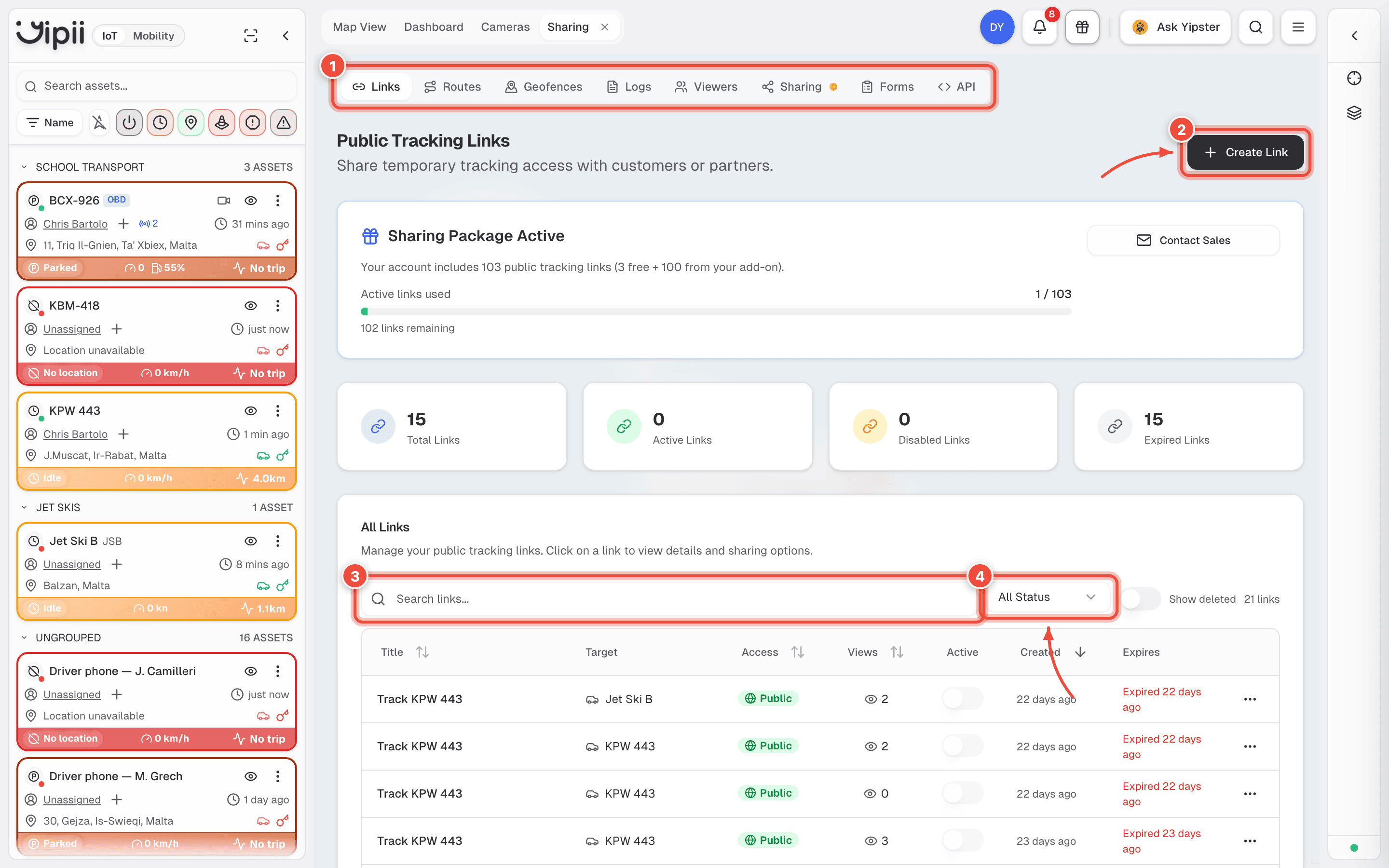 The Sharing screen with the sub-tab rail (1), Create Link (2), the search field (3) and the status filter (4) highlighted