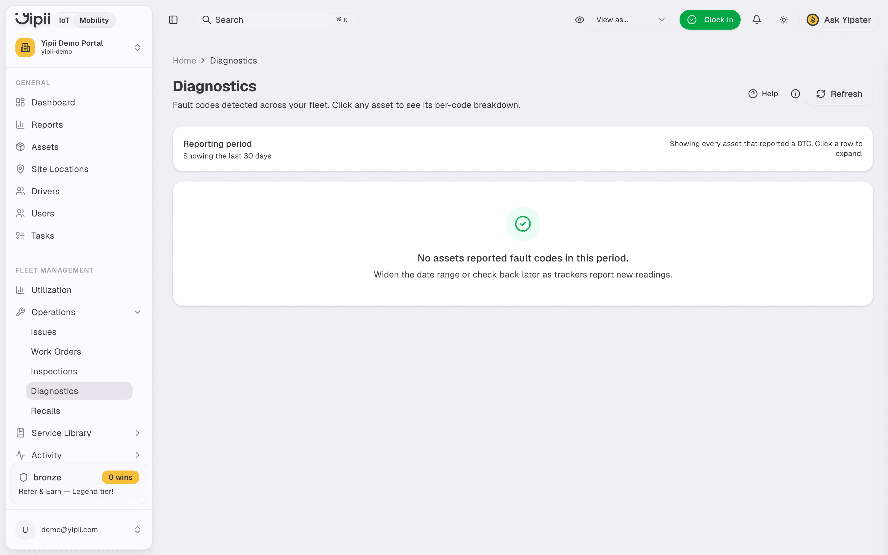 Diagnostics page showing the reporting period and the assets that reported fault codes