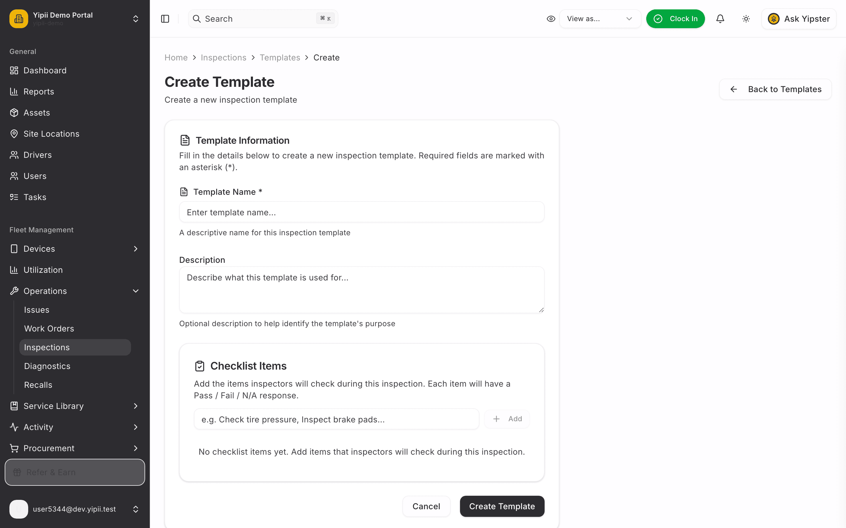 Create Template form - desktop