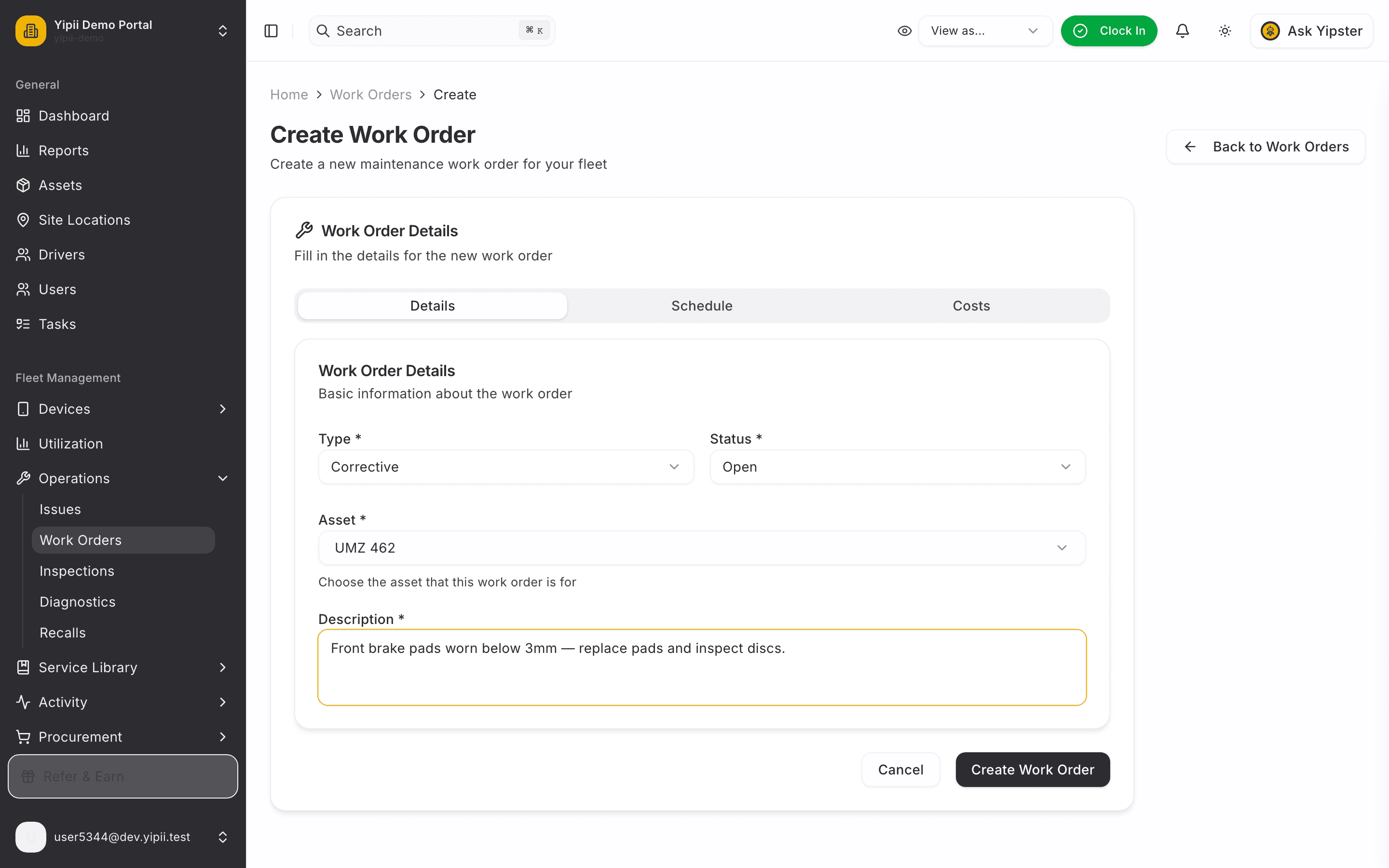 Work order details filled - desktop