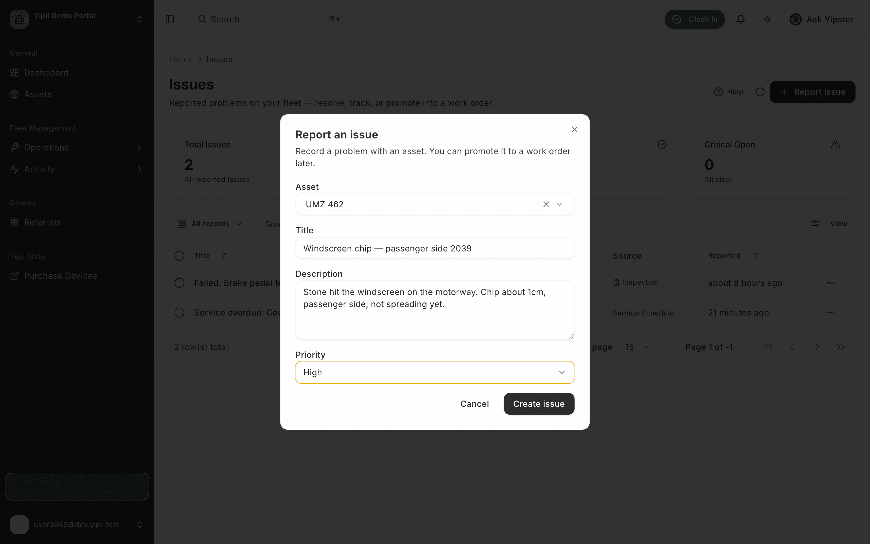 Report dialog filled - desktop