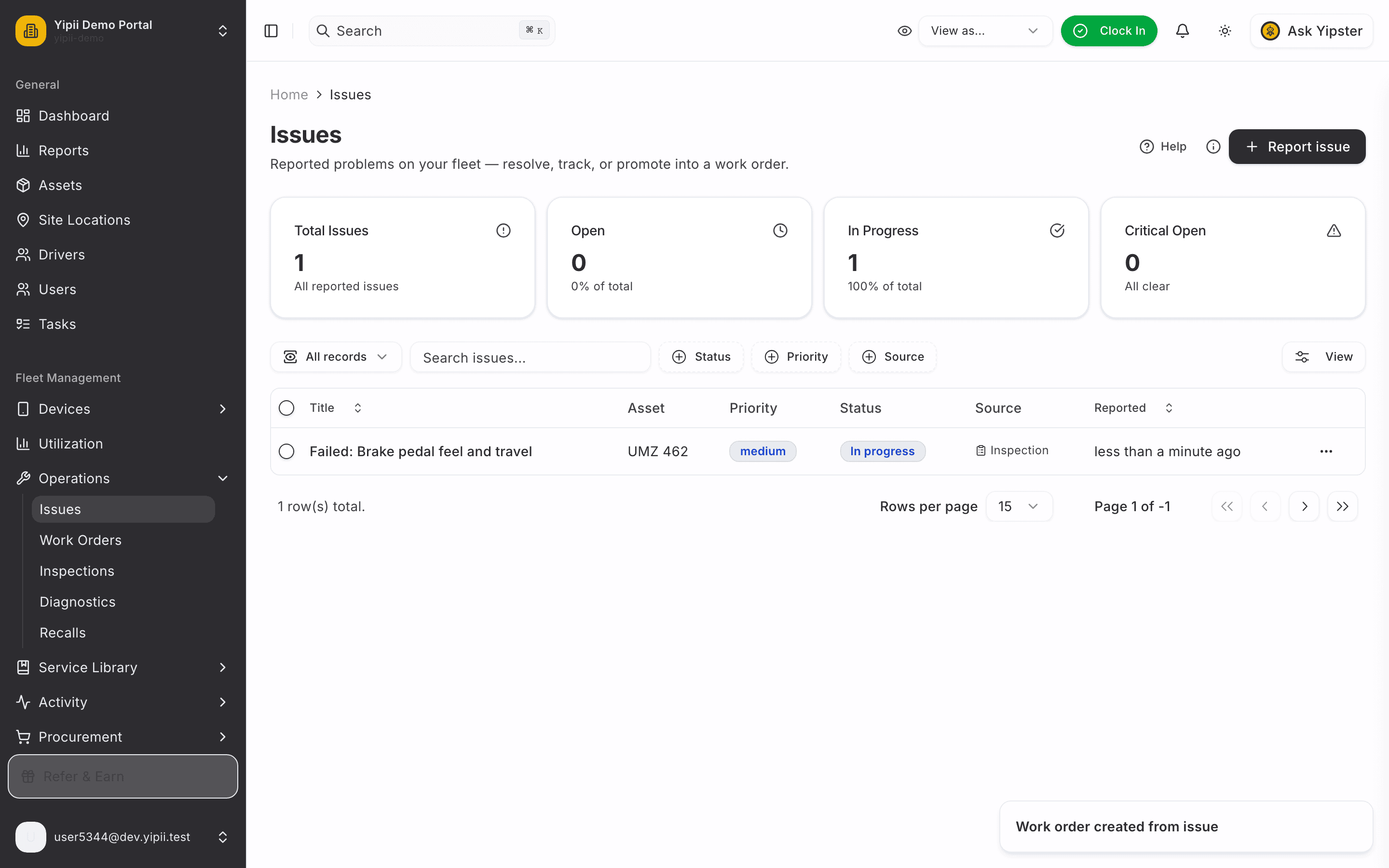 Work order created from the issue - desktop
