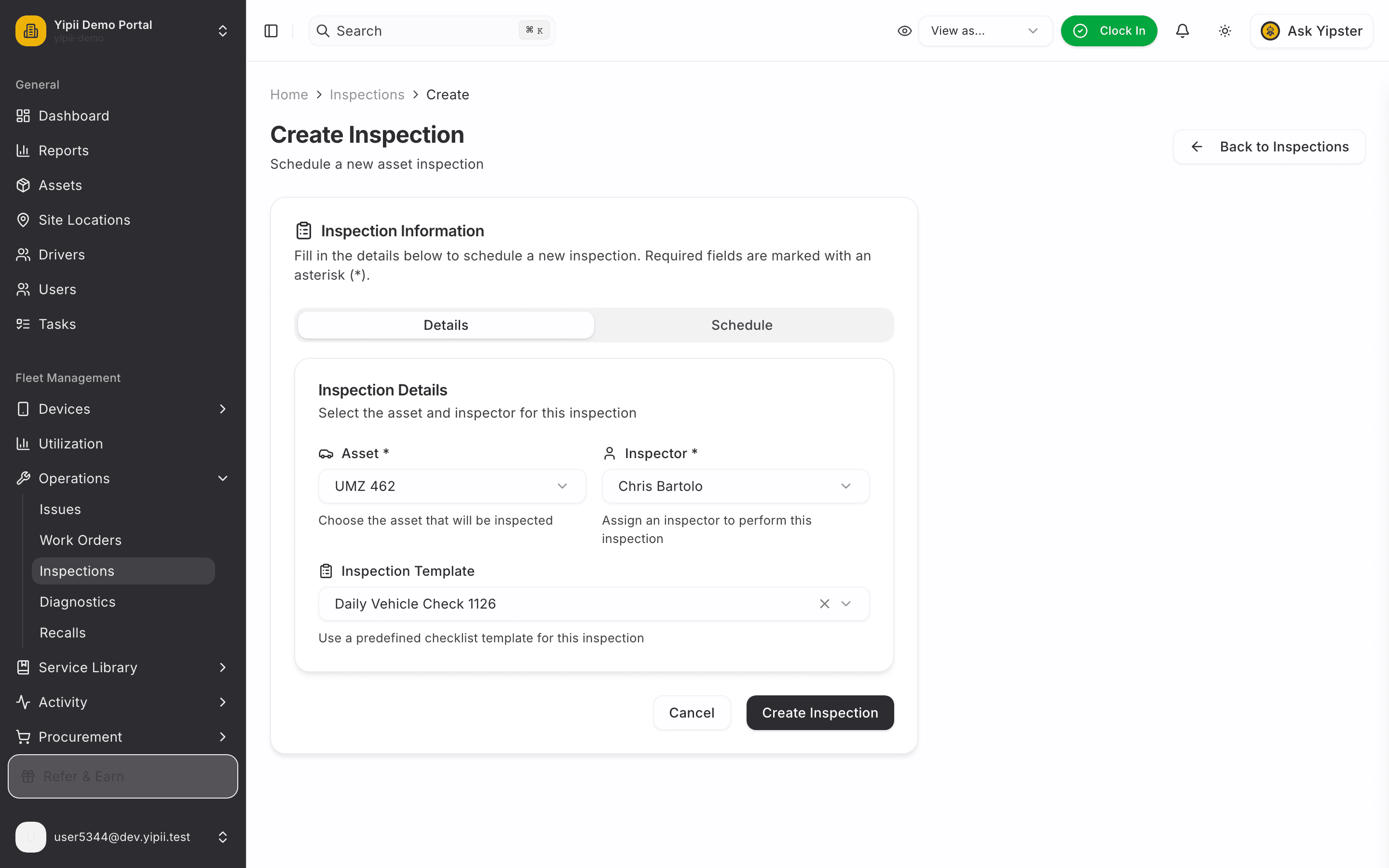 Inspection form filled - desktop