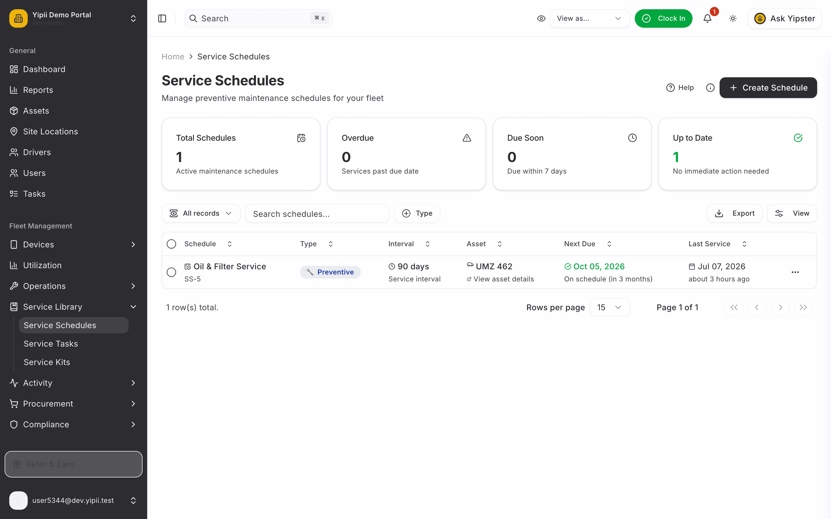 Schedules page - desktop