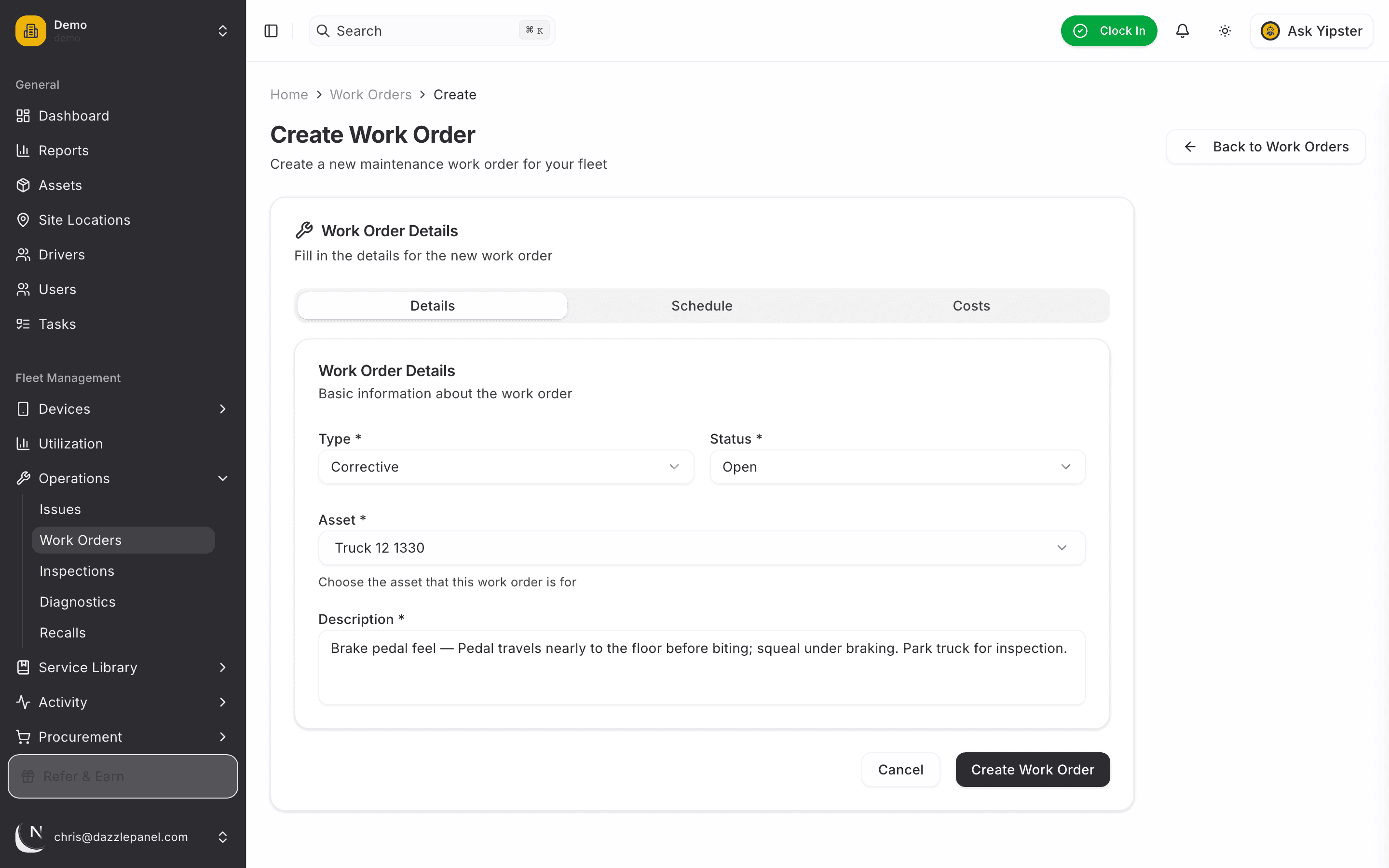 Work order create form pre-filled from inspection failure