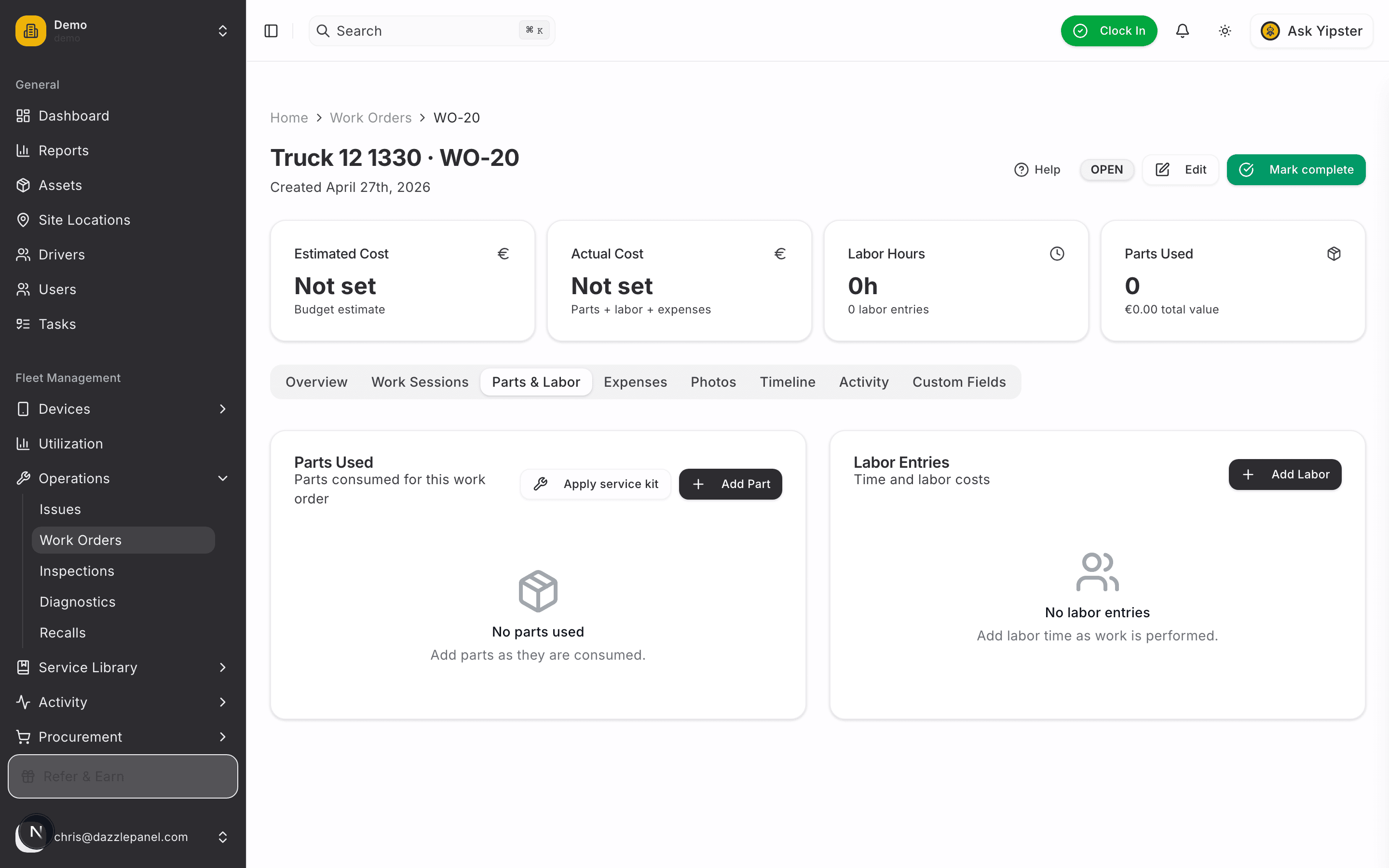 Work order Parts & Labor tab