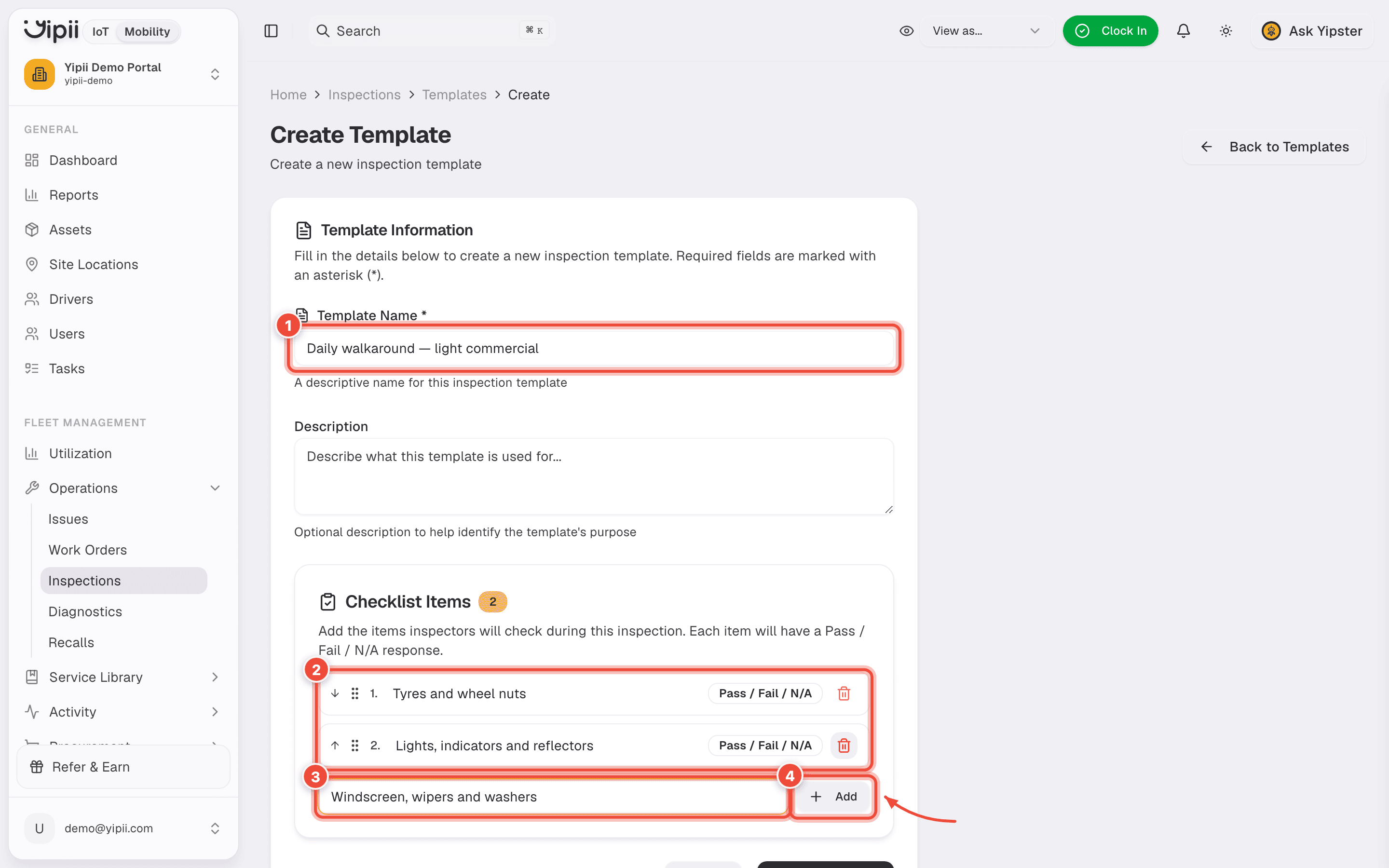 The Create Template page with Template Name (1), the checklist items already added (2), the new-item field (3) and Add (4) highlighted