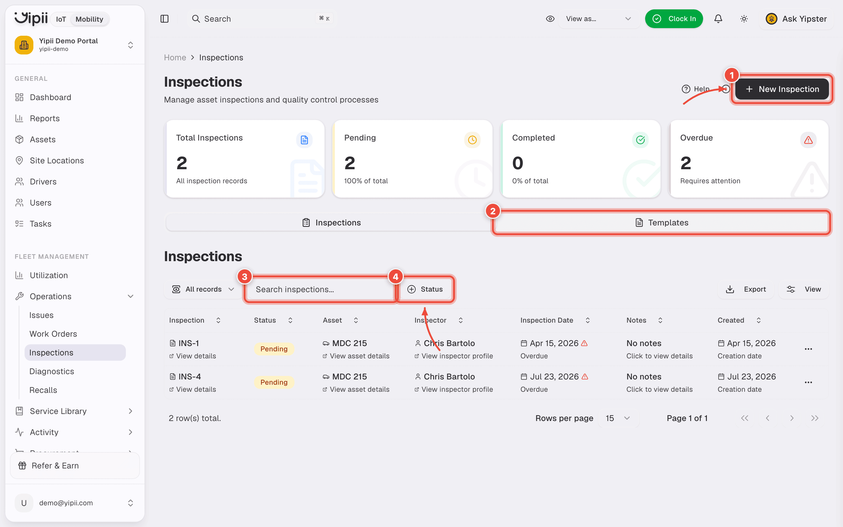 The Inspections screen with New Inspection (1), the Templates tab (2), the search field (3) and the Status filter (4) highlighted