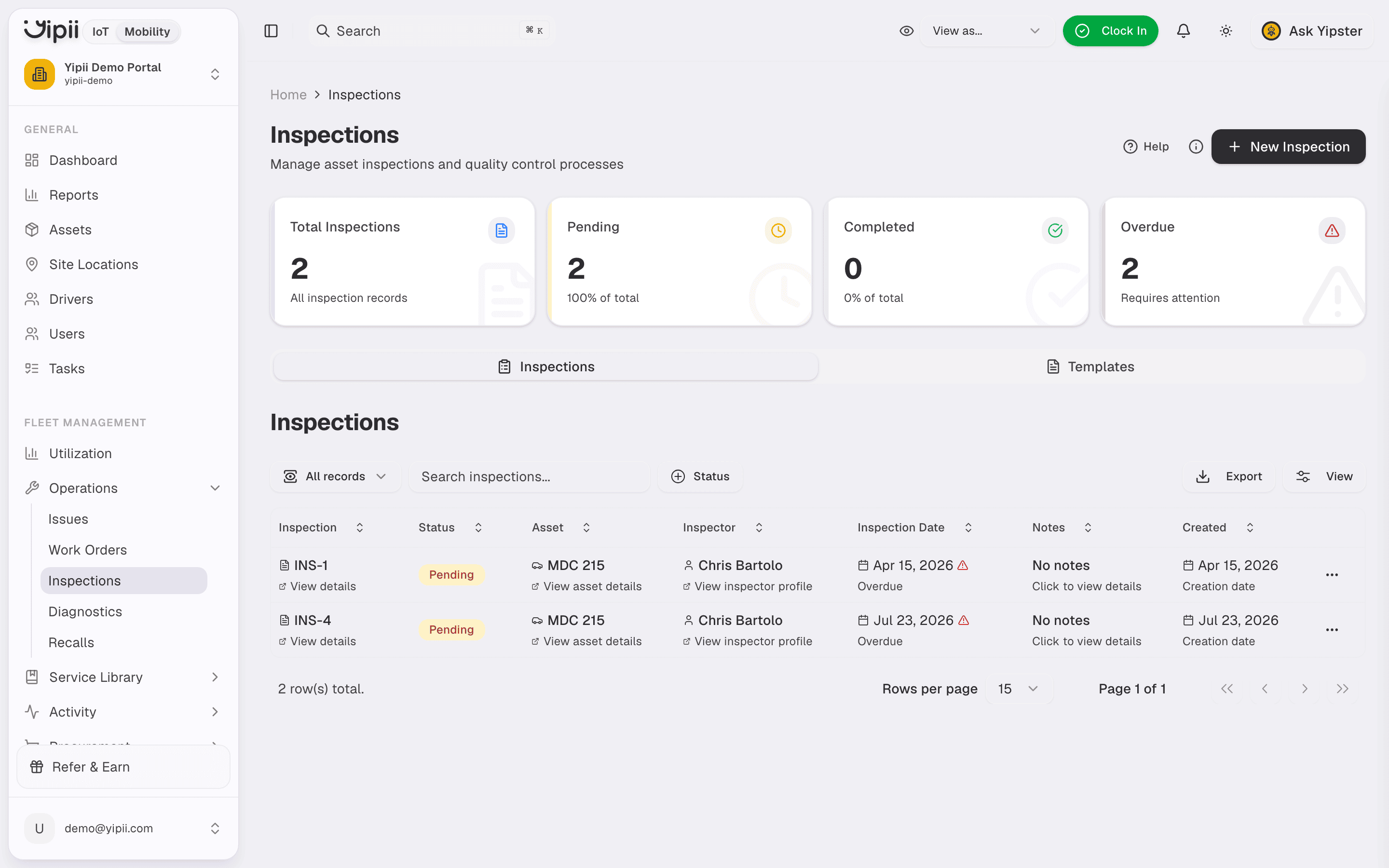 Inspections list - Desktop