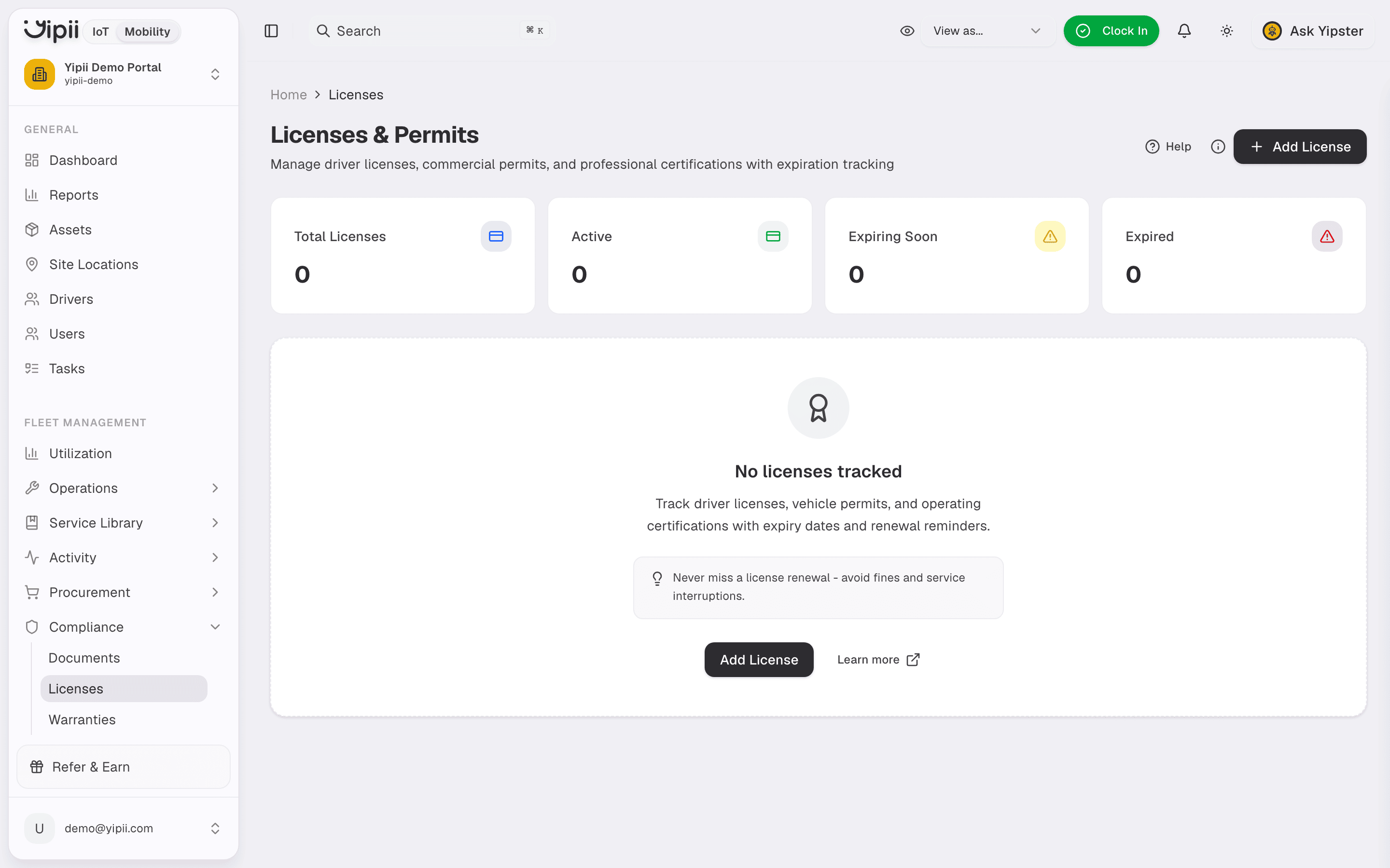 Licenses list - Desktop view