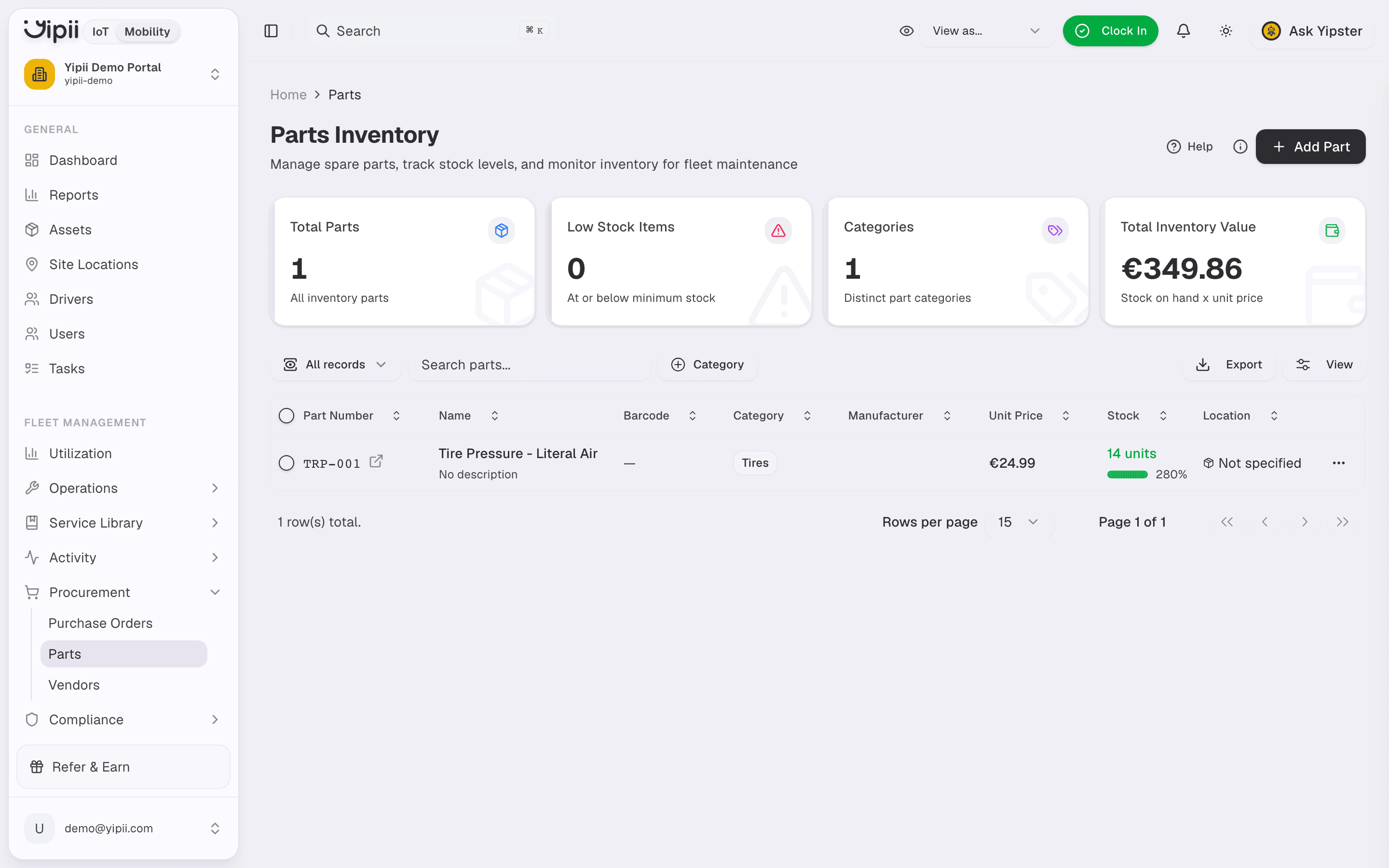 Parts inventory - Desktop view