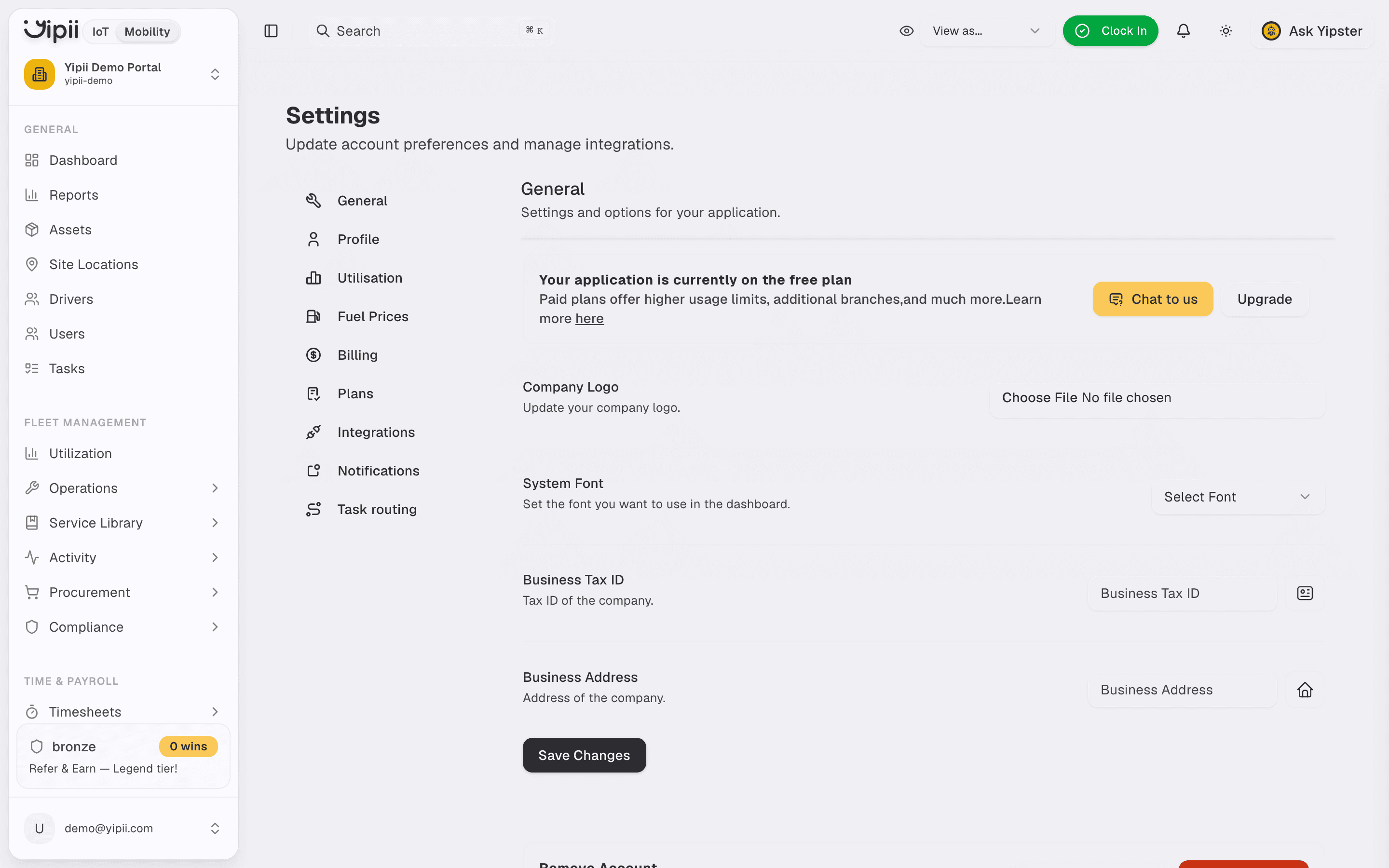 Settings - Desktop view