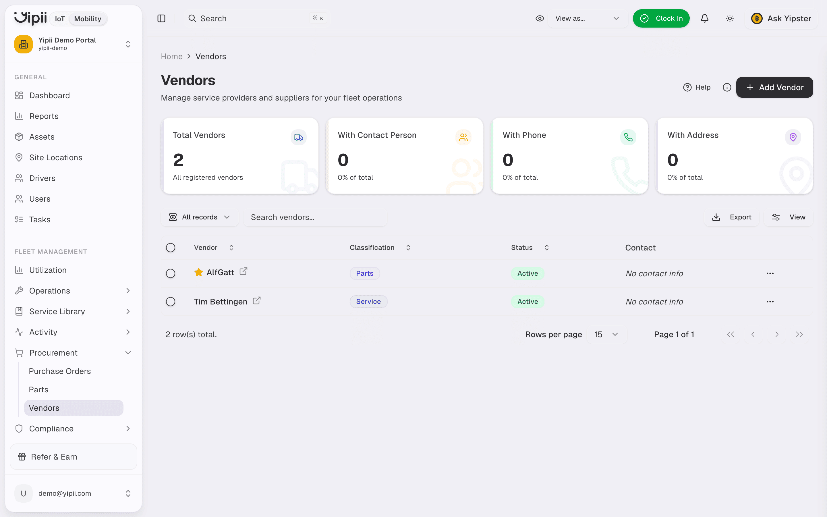 Vendors list - Desktop