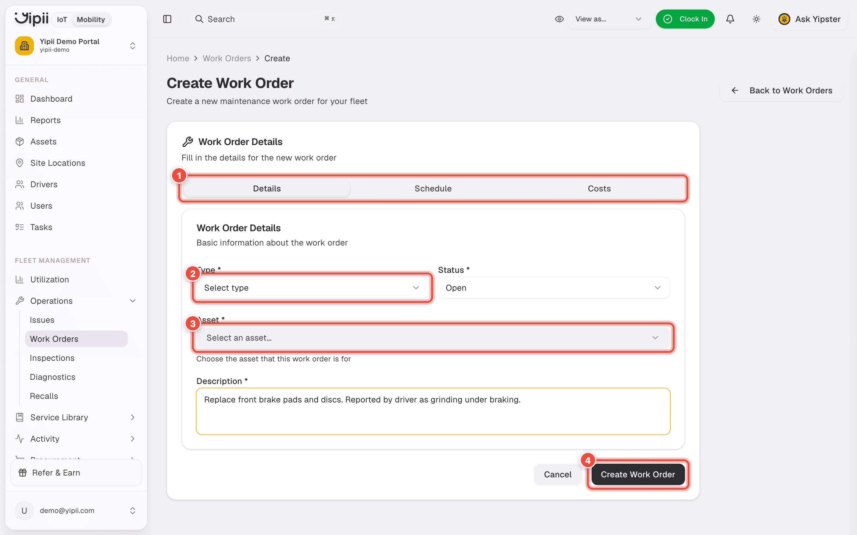 The Create Work Order form with the tab rail (1), Type (2), Asset (3) and Create Work Order (4) highlighted