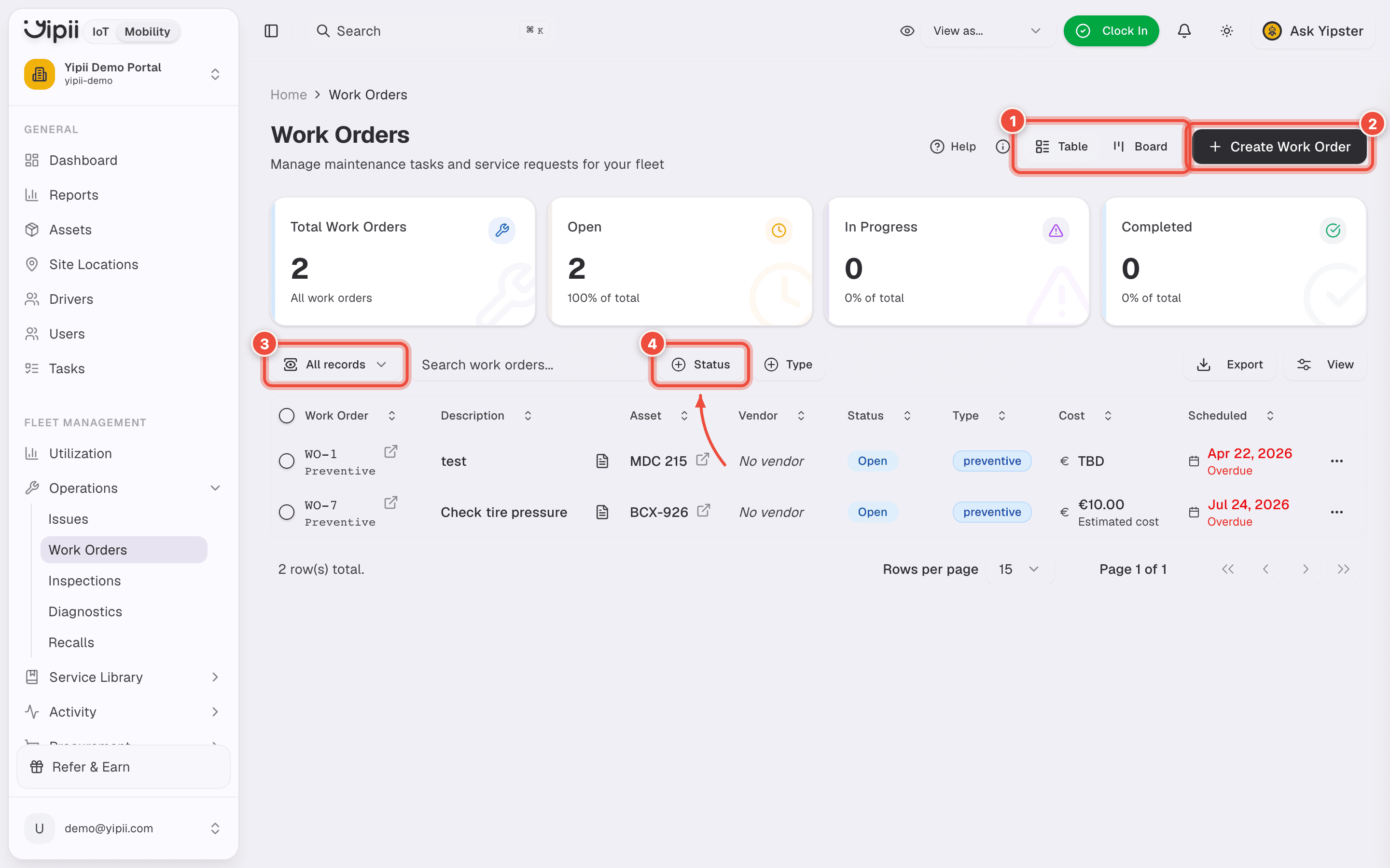 The Work Orders list with the Table/Board toggle (1), Create Work Order (2), the saved-view selector (3) and the Status filter (4) highlighted