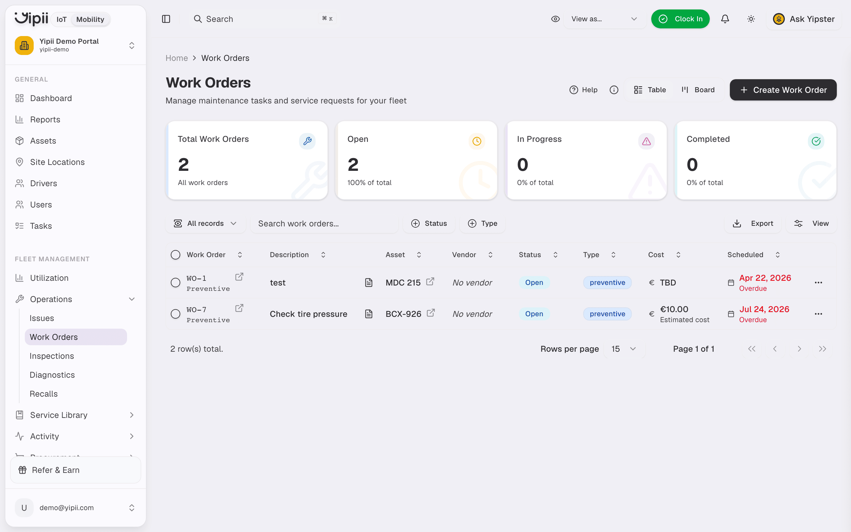 Work orders list - Desktop